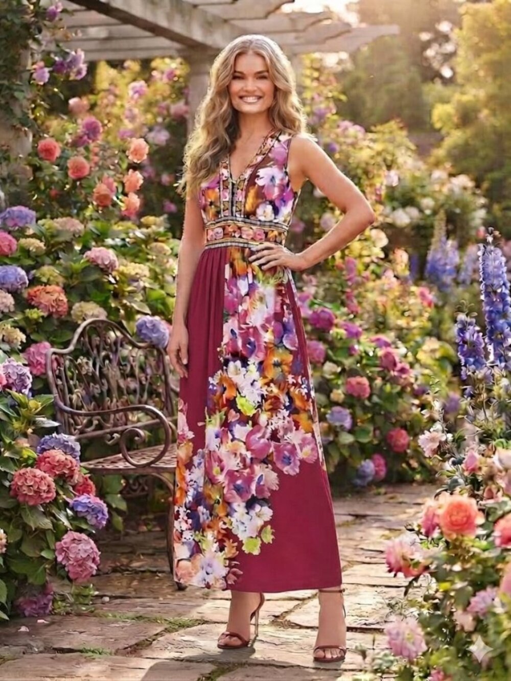 London Times Floral Empire Waist V-Neck Maxi Dress Burgundy Pink, Size 8